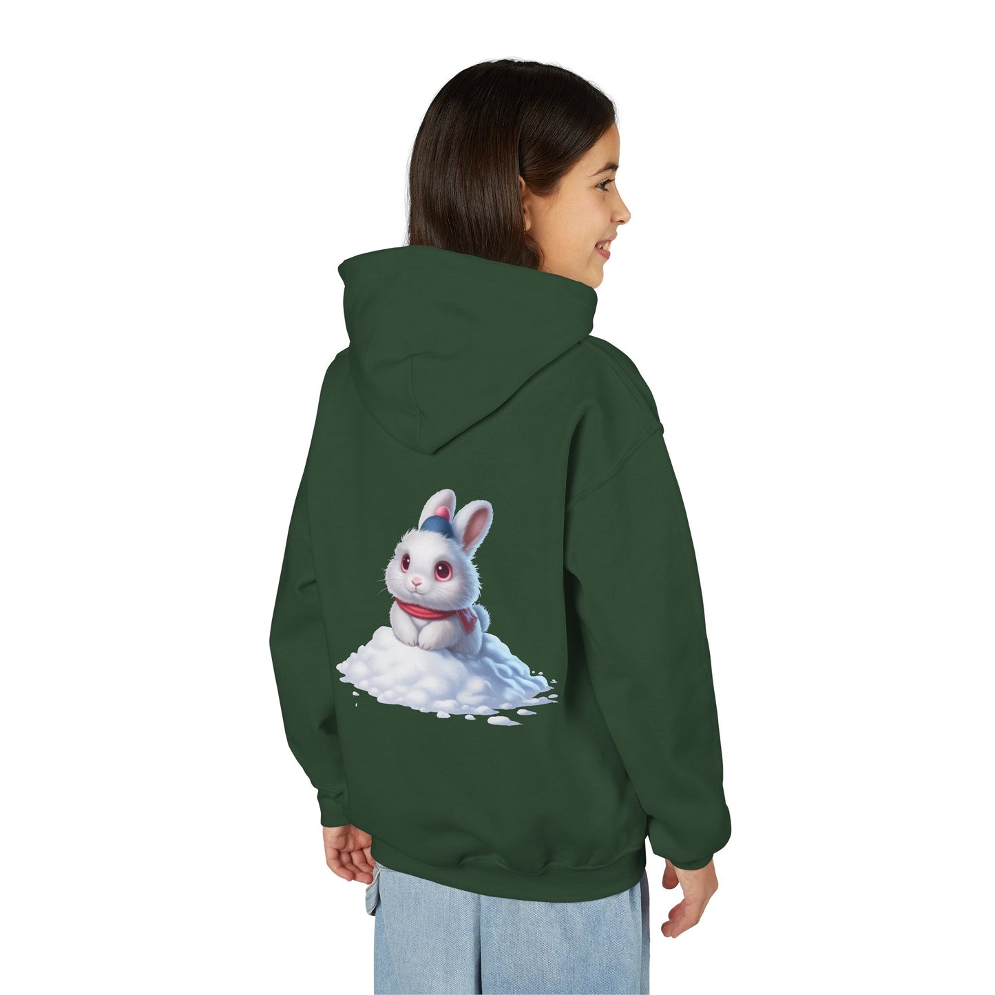 Youth Hoodie — Cute White Bunny in Snowback Graphic