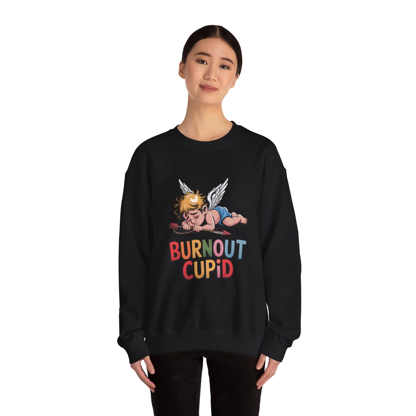 Burnout Cupid Sweatshirt — Tired Cupid Graphic Crewneck for Valentine’s Day