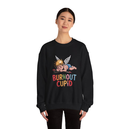 Burnout Cupid Sweatshirt — Tired Cupid Graphic Crewneck for Valentine’s Day