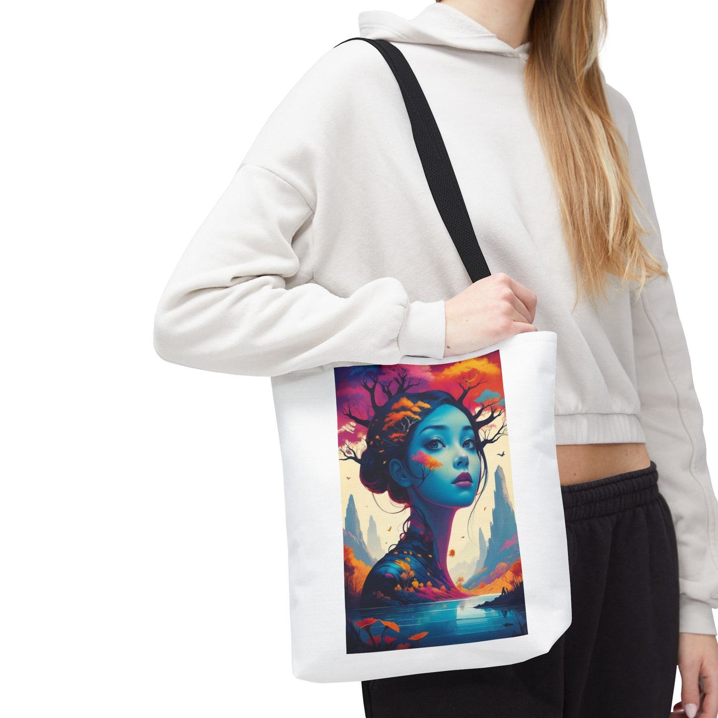 Artistic Blue Forest Maiden Tote Bag - Surreal Portrait All-Over Print