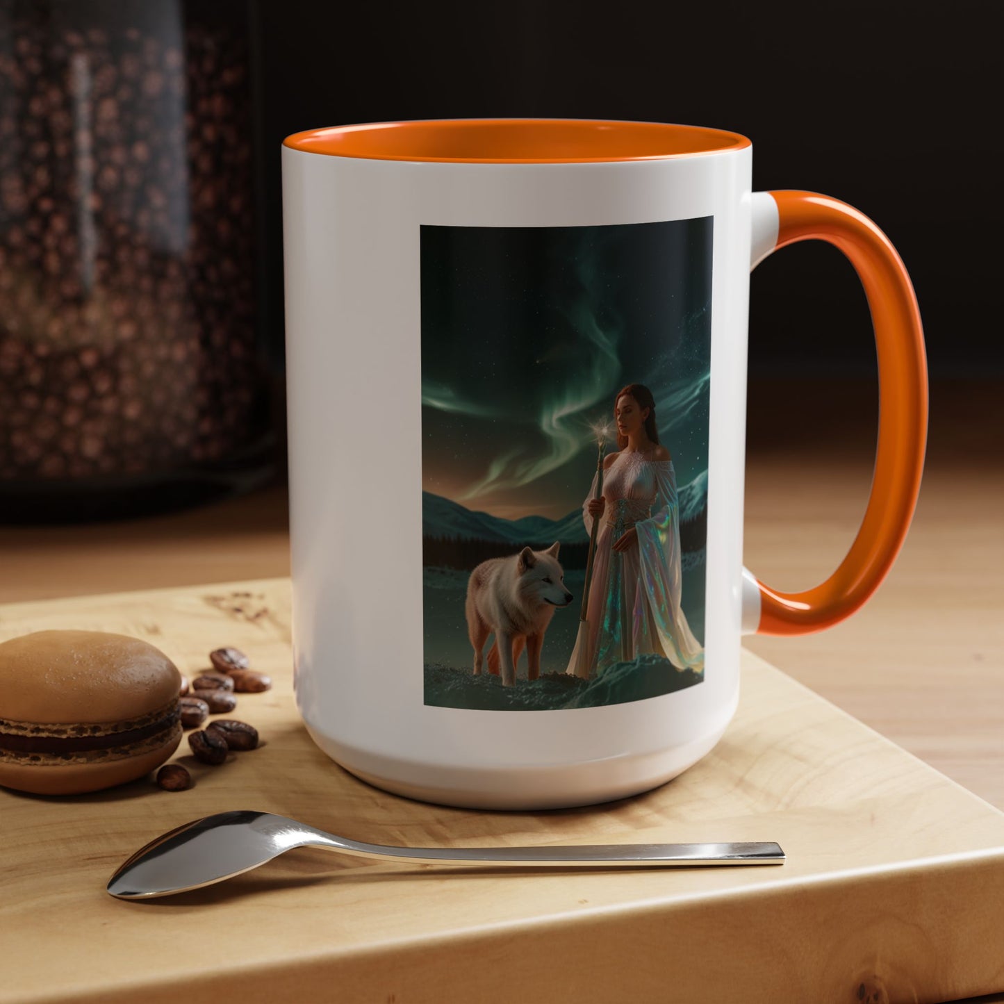 Taza de café Aurora Guardiana — Arte fantástico de mujer con lobo