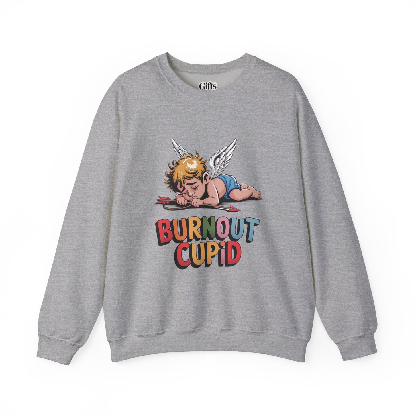 Burnout Cupid Sweatshirt — Tired Cupid Graphic Crewneck for Valentine’s Day