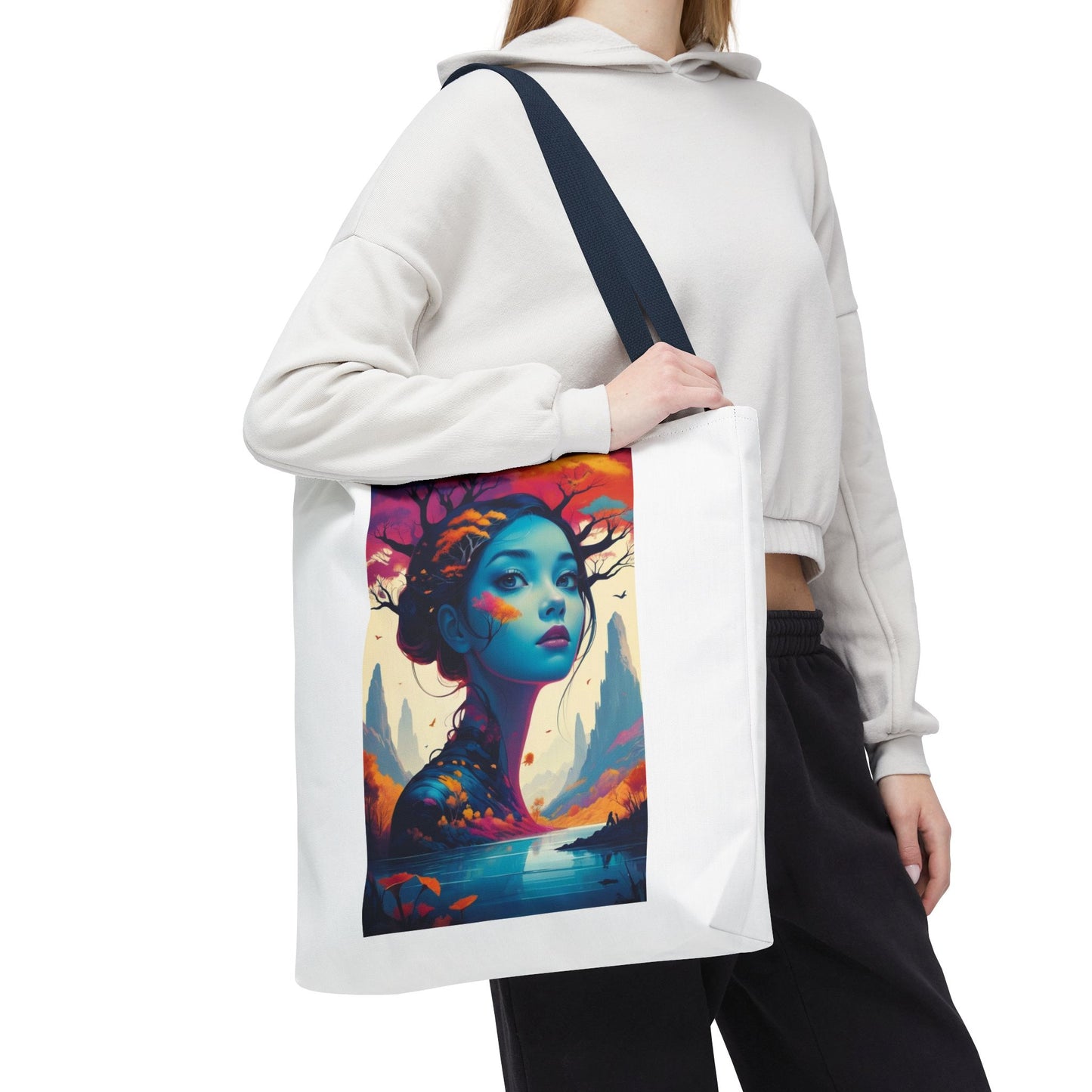 Artistic Blue Forest Maiden Tote Bag - Surreal Portrait All-Over Print