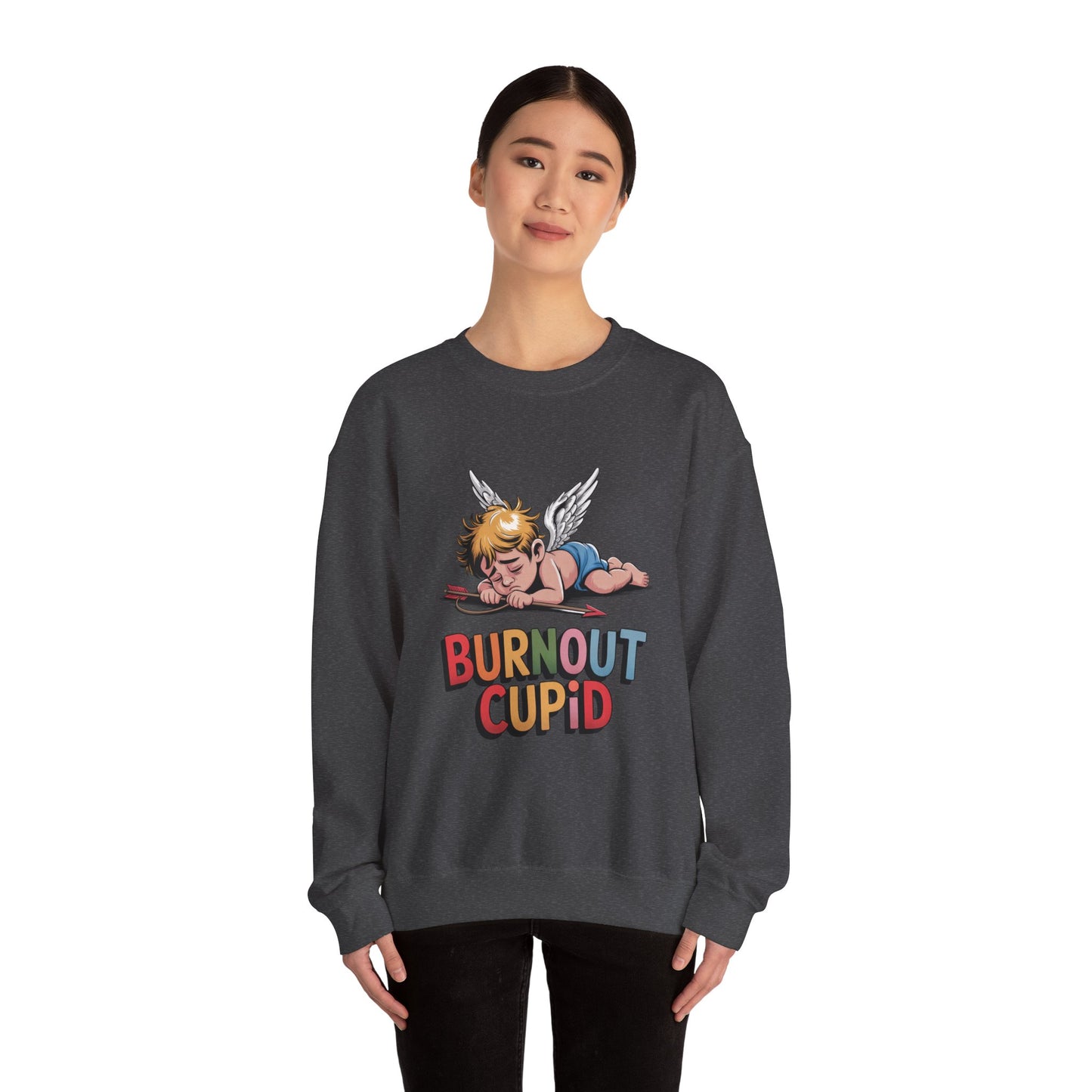 Burnout Cupid Sweatshirt — Tired Cupid Graphic Crewneck for Valentine’s Day