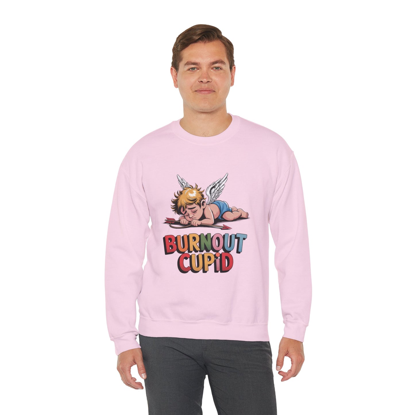 Burnout Cupid Sweatshirt — Tired Cupid Graphic Crewneck for Valentine’s Day