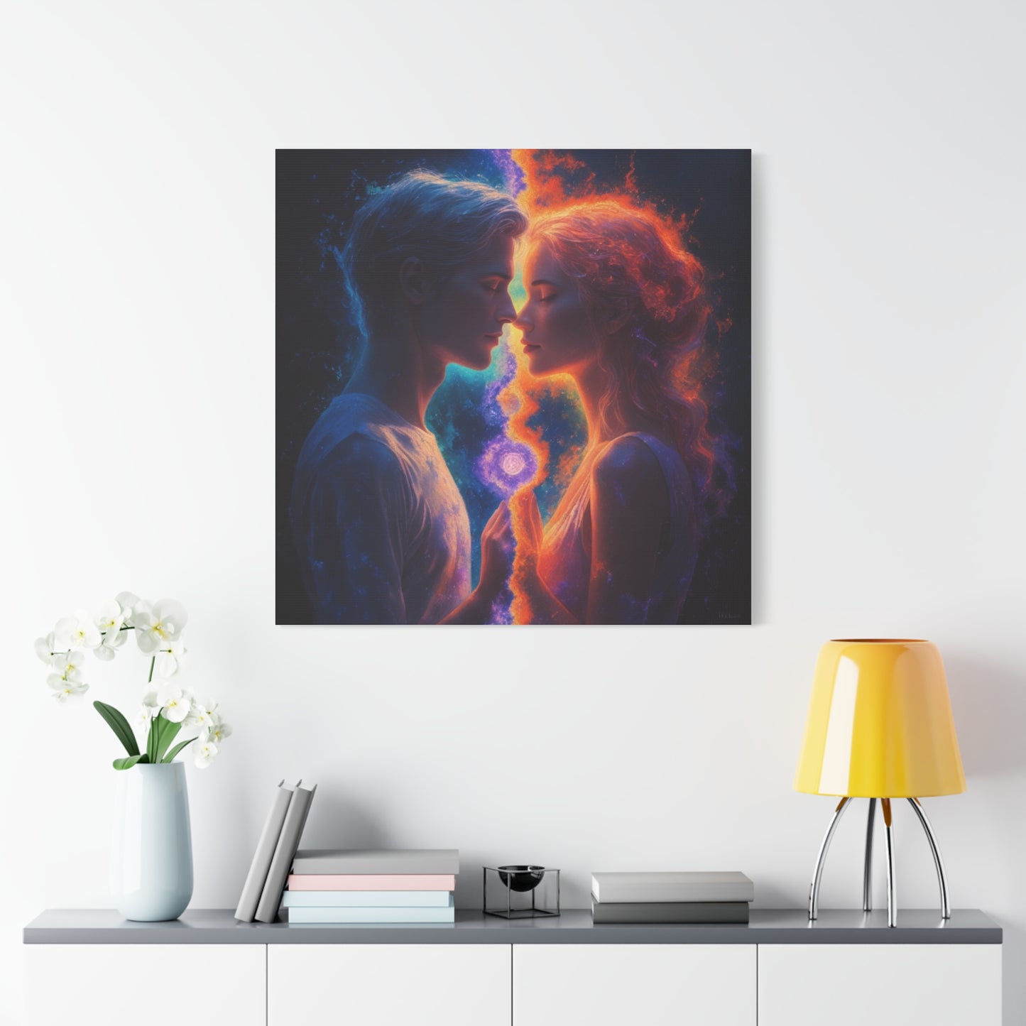 Yin Yang Lovers Matte Canvas Art — Romantic Blue & Orange Couple Wall Decor