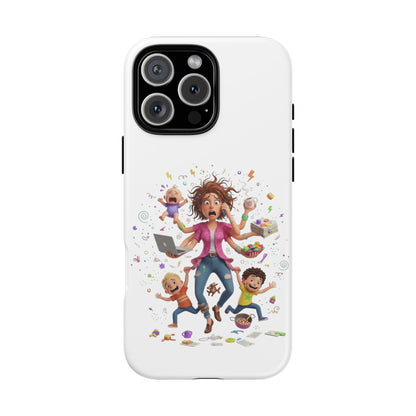 iPhone Phone Case — Hectic Mom Cartoon Design (Multitasking Mother, Kids & Chaos)