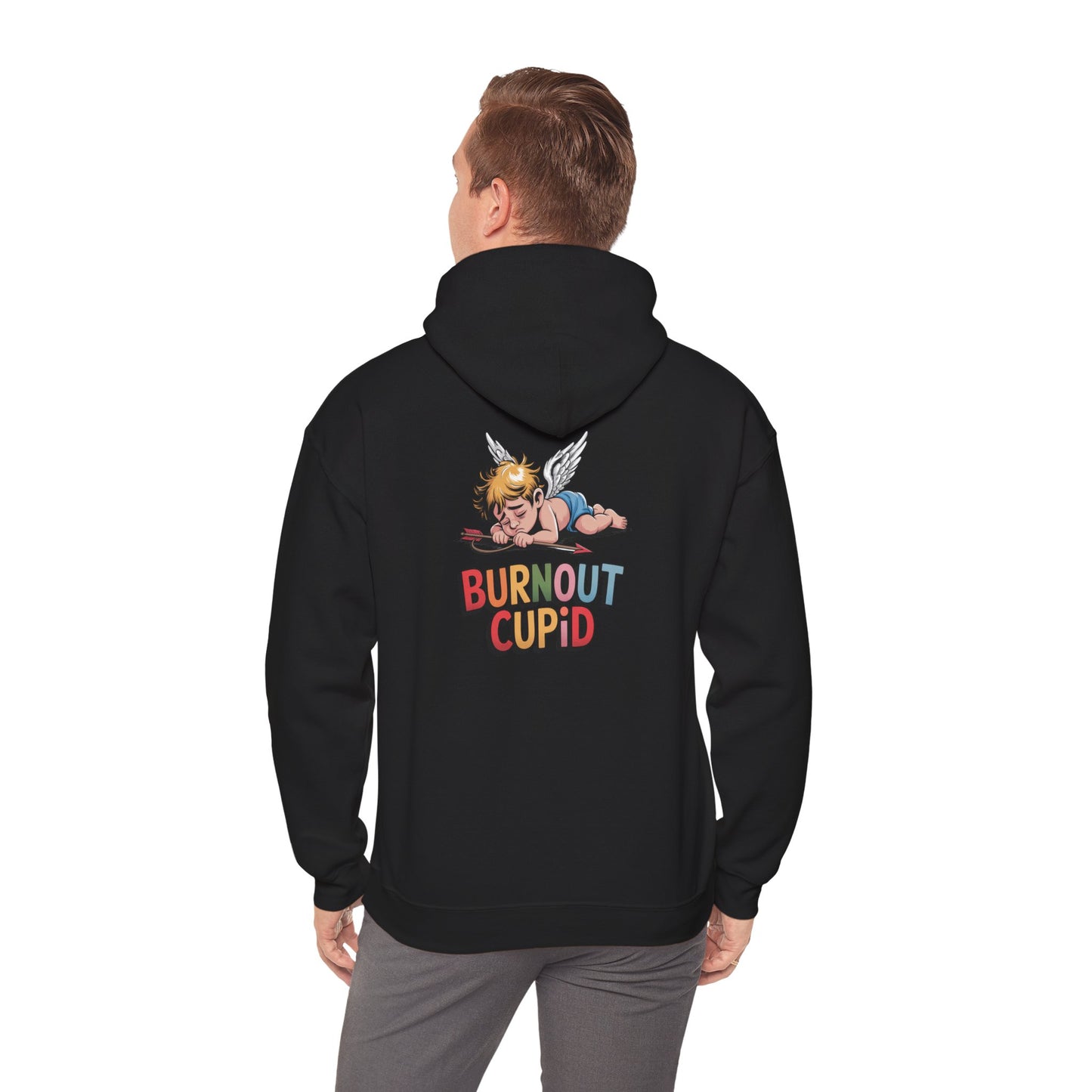Burnout Cupid Hoodie — Cute Tired Cupid Graphic Pullover