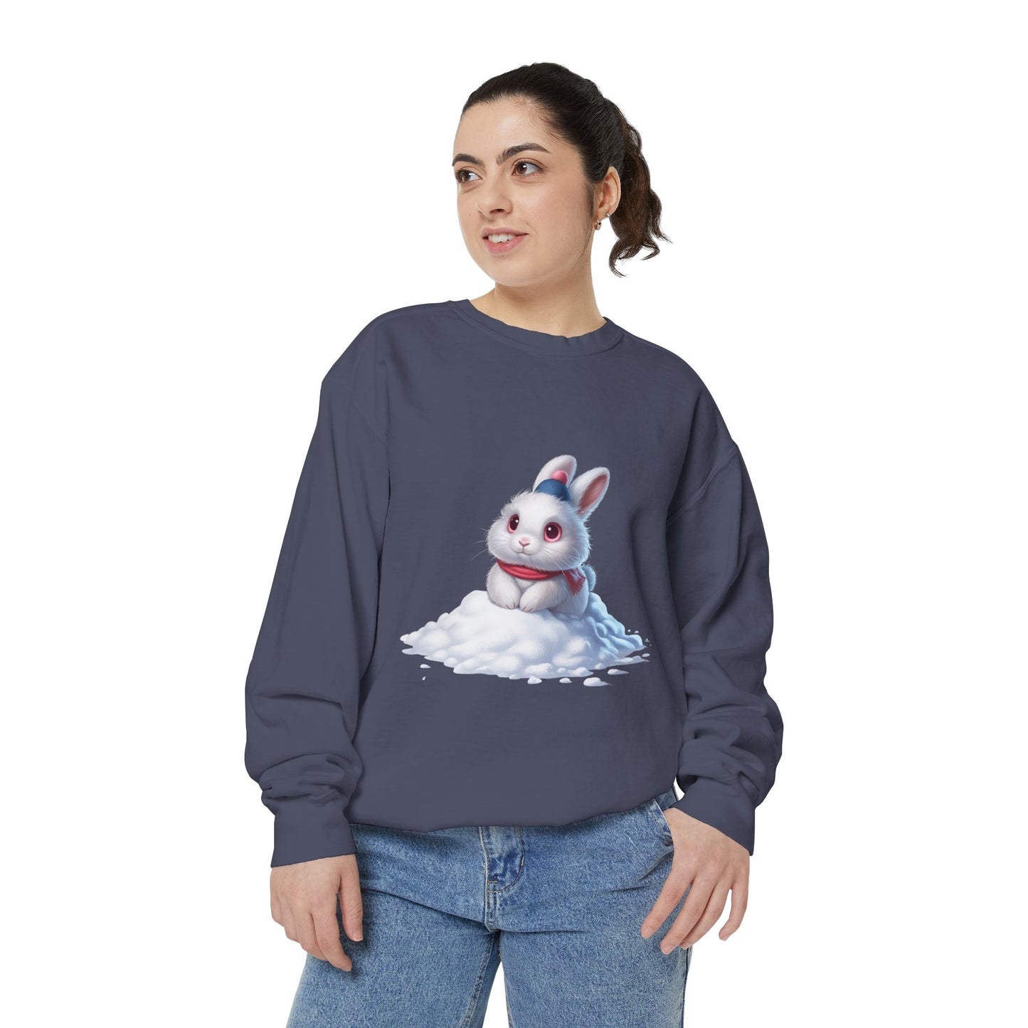 Cute Bunny Sweatshirt — White Bunny on Snow Graphic Crewneck