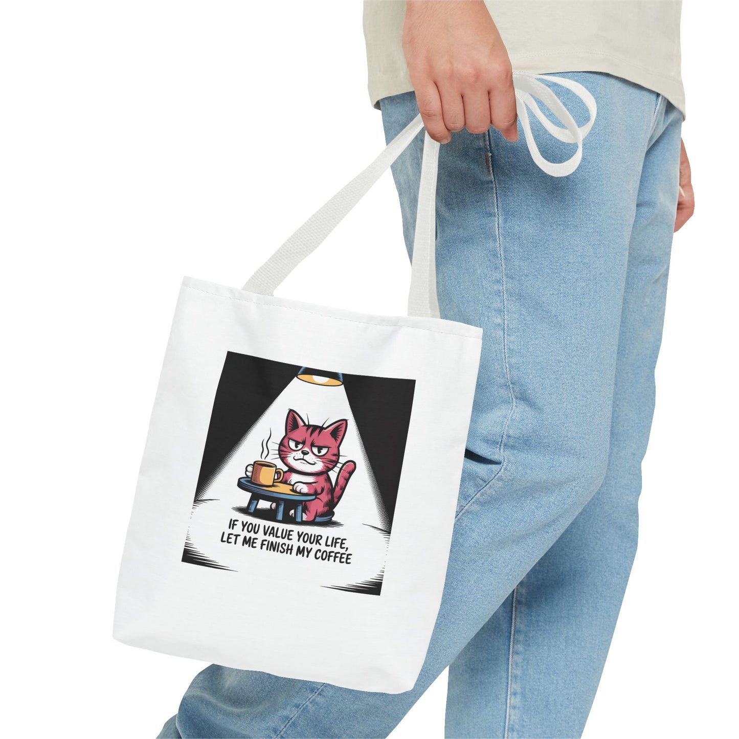 Coffee Cat Tote Bag — “If You Value Your Life, Let Me Finish My Coffee” Funny Cat Lover Tote