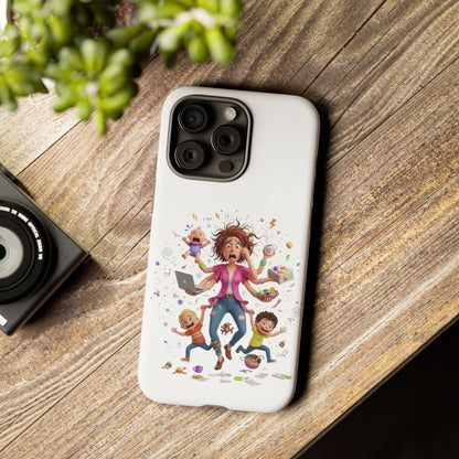 iPhone Phone Case — Hectic Mom Cartoon Design (Multitasking Mother, Kids & Chaos)