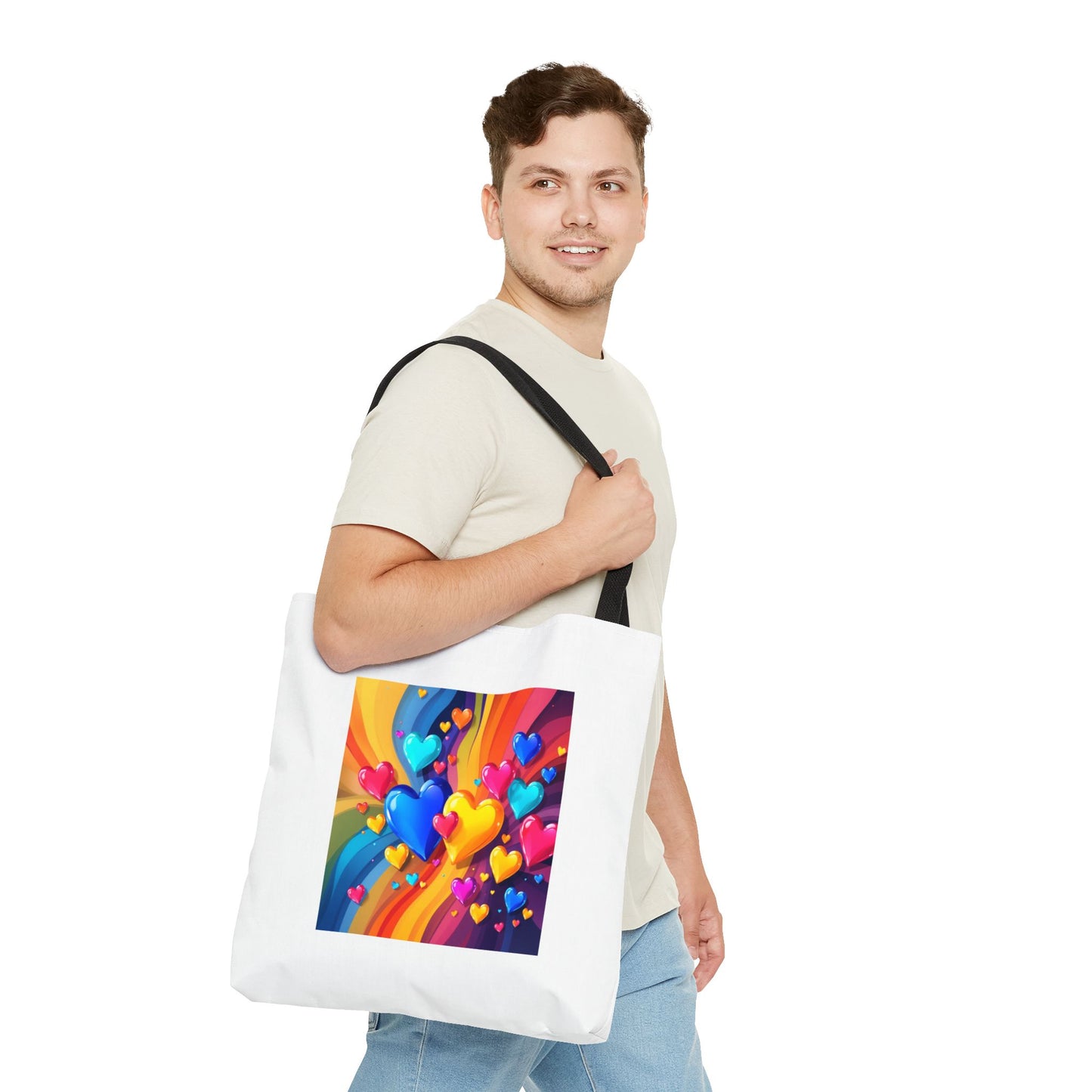 Colorful Heart Burst Tote Bag — Rainbow Love All-Over Print