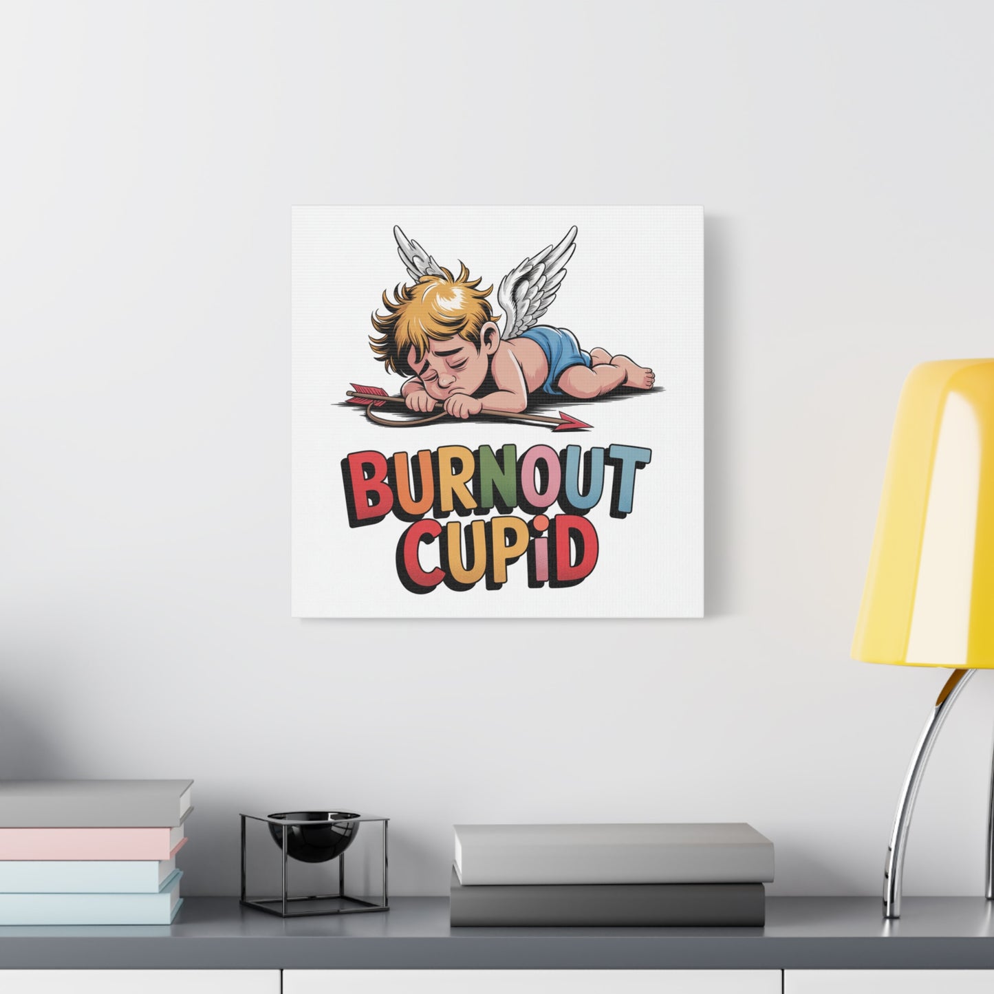 Burnout Cupid Matte Canvas Wall Art — Tired Cupid Illustration for Valentine’s Day, Self-Care & Humor
