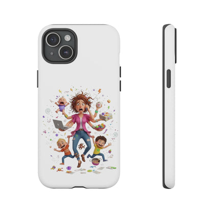 iPhone Phone Case — Hectic Mom Cartoon Design (Multitasking Mother, Kids & Chaos)