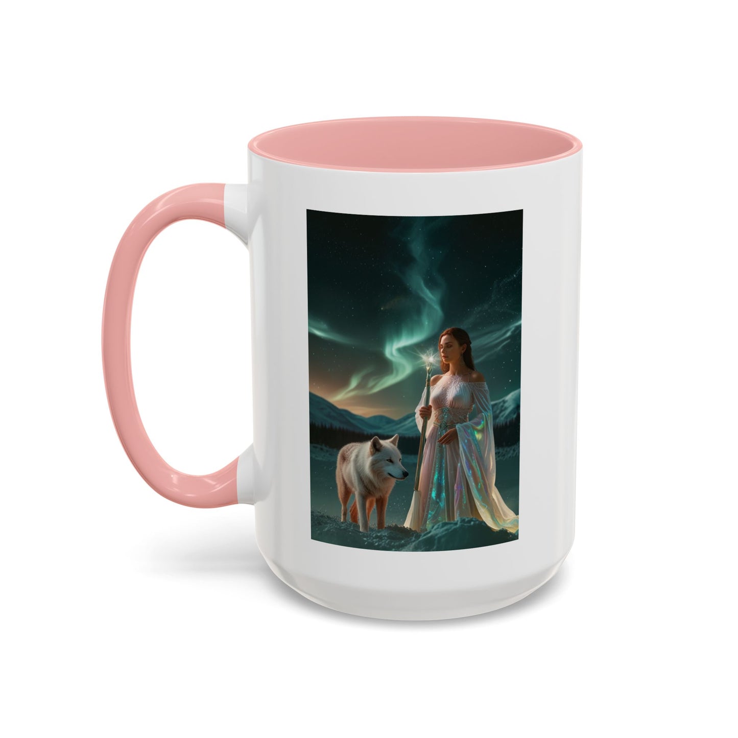 Taza de café Aurora Guardiana — Arte fantástico de mujer con lobo