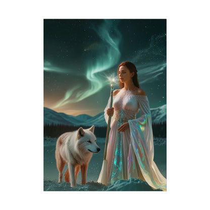 Aurora Guardian Poster – Fantasy-Frau mit weißem Wolf (Wandbild)