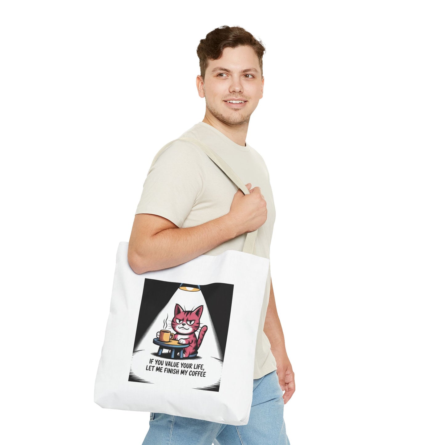 Coffee Cat Tote Bag — “If You Value Your Life, Let Me Finish My Coffee” Funny Cat Lover Tote