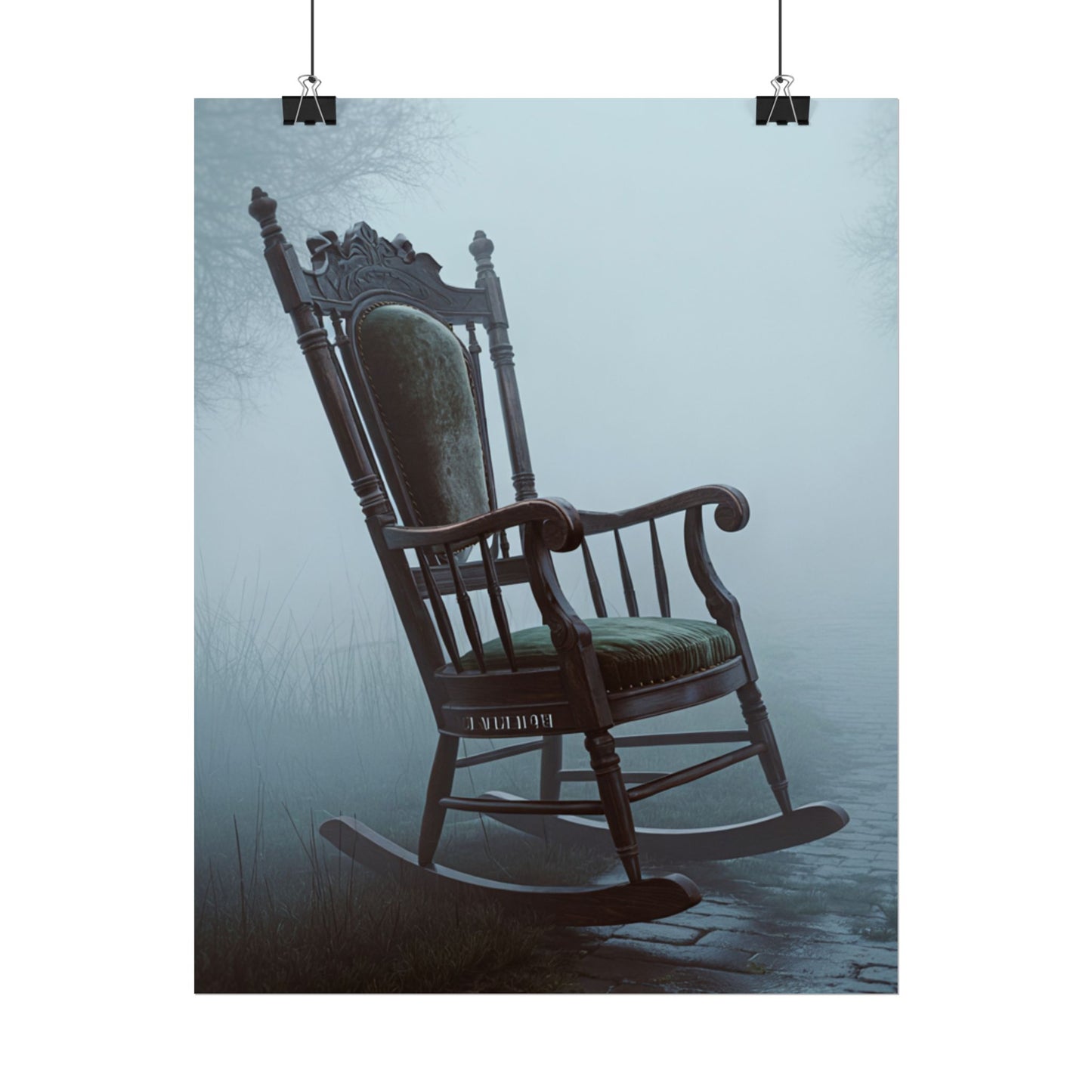 Vintage-Schaukelstuhl-Poster – Stimmungsvolles, nebliges Cottage-Wandbild (gerolltes Poster)