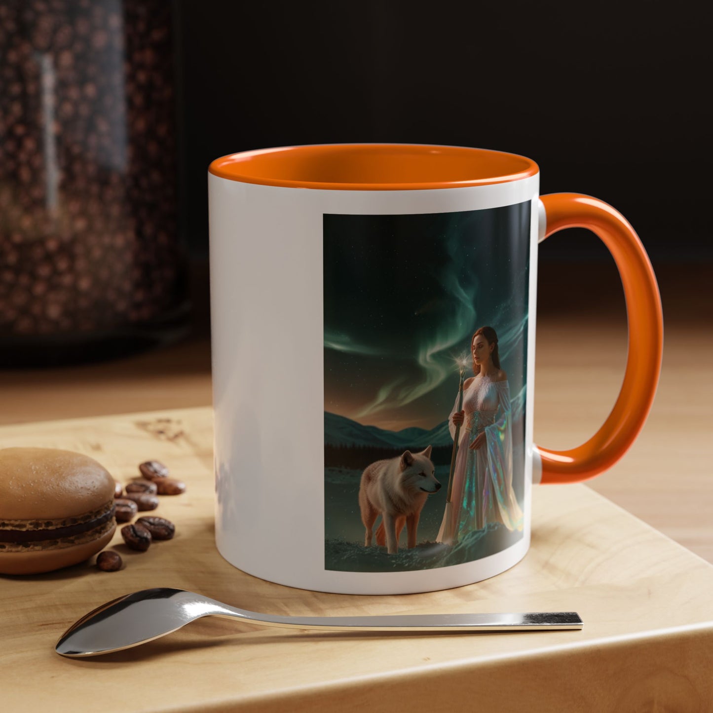 Taza de café Aurora Guardiana — Arte fantástico de mujer con lobo