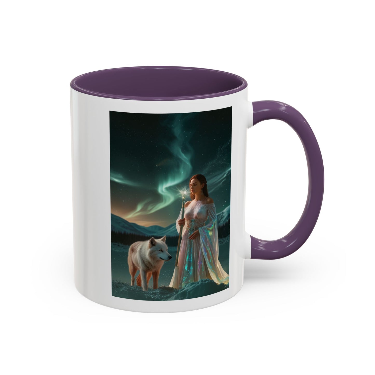 Taza de café Aurora Guardiana — Arte fantástico de mujer con lobo