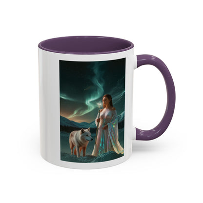 Taza de café Aurora Guardiana — Arte fantástico de mujer con lobo