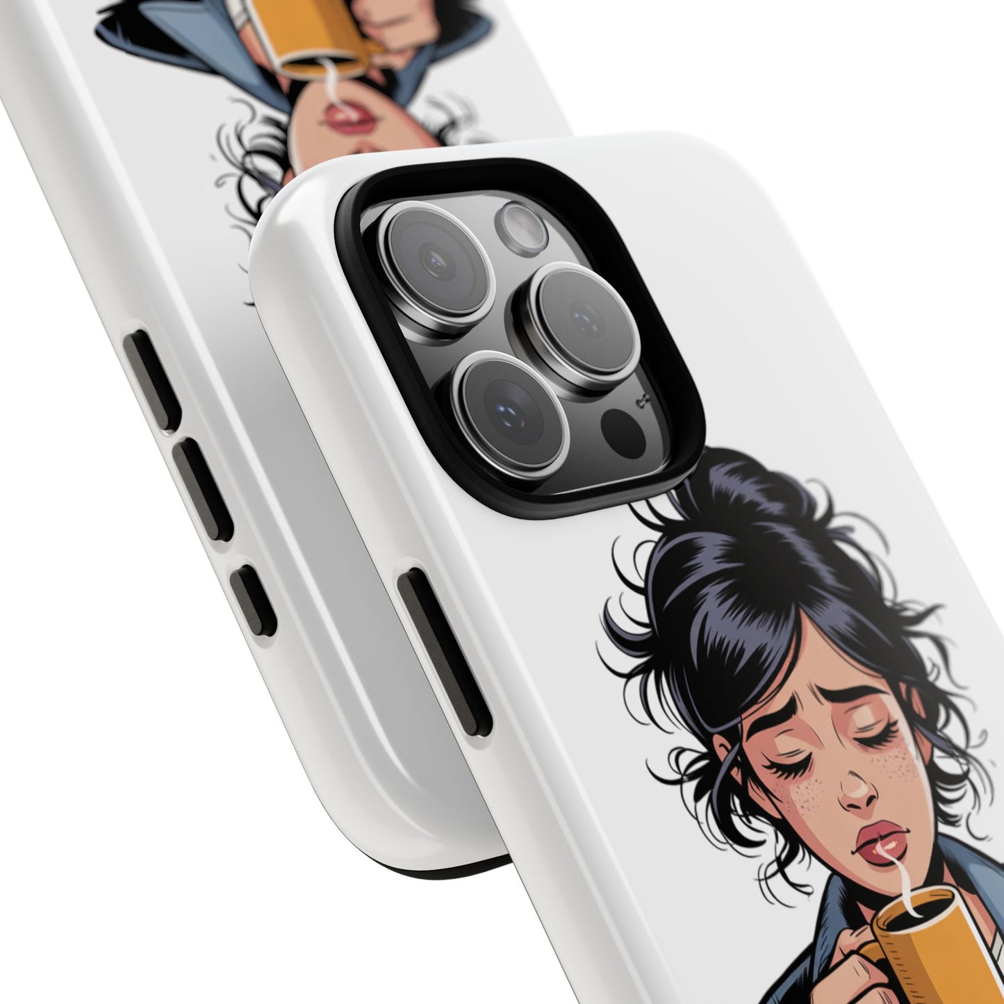 iPhone Phone Case — "First Coffee, Please" Woman Holding Mug, Funny Morning Coffee Gift