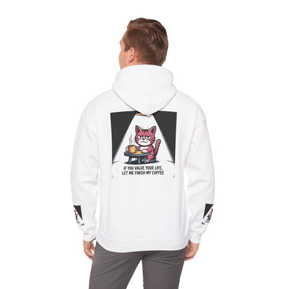 Coffee Cat Hoodie – „Wenn dir dein Leben lieb ist, lass mich meinen Kaffee austrinken“ Grafik-Hoodie