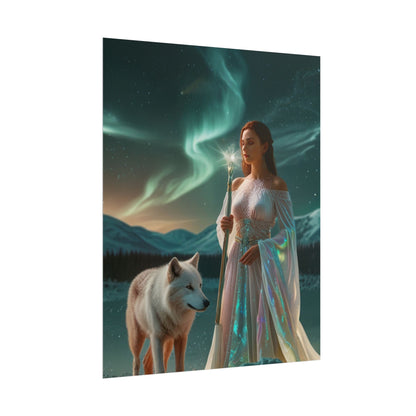 Aurora Guardian Poster – Fantasy-Frau mit weißem Wolf (Wandbild)