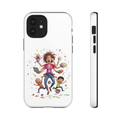 iPhone Phone Case — Hectic Mom Cartoon Design (Multitasking Mother, Kids & Chaos)