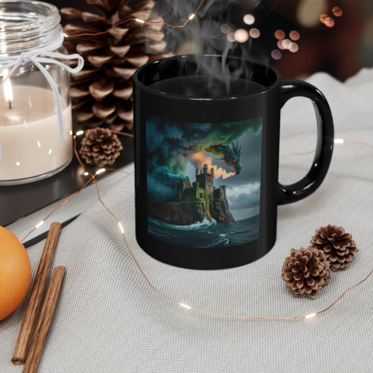 Fantasy Dragon Art Black Mug, Gift for Dragon Lovers, Unique Coffee Cup, Mythical Creature Gift, Brave Adventurer Mug, Fantasy Home Decor