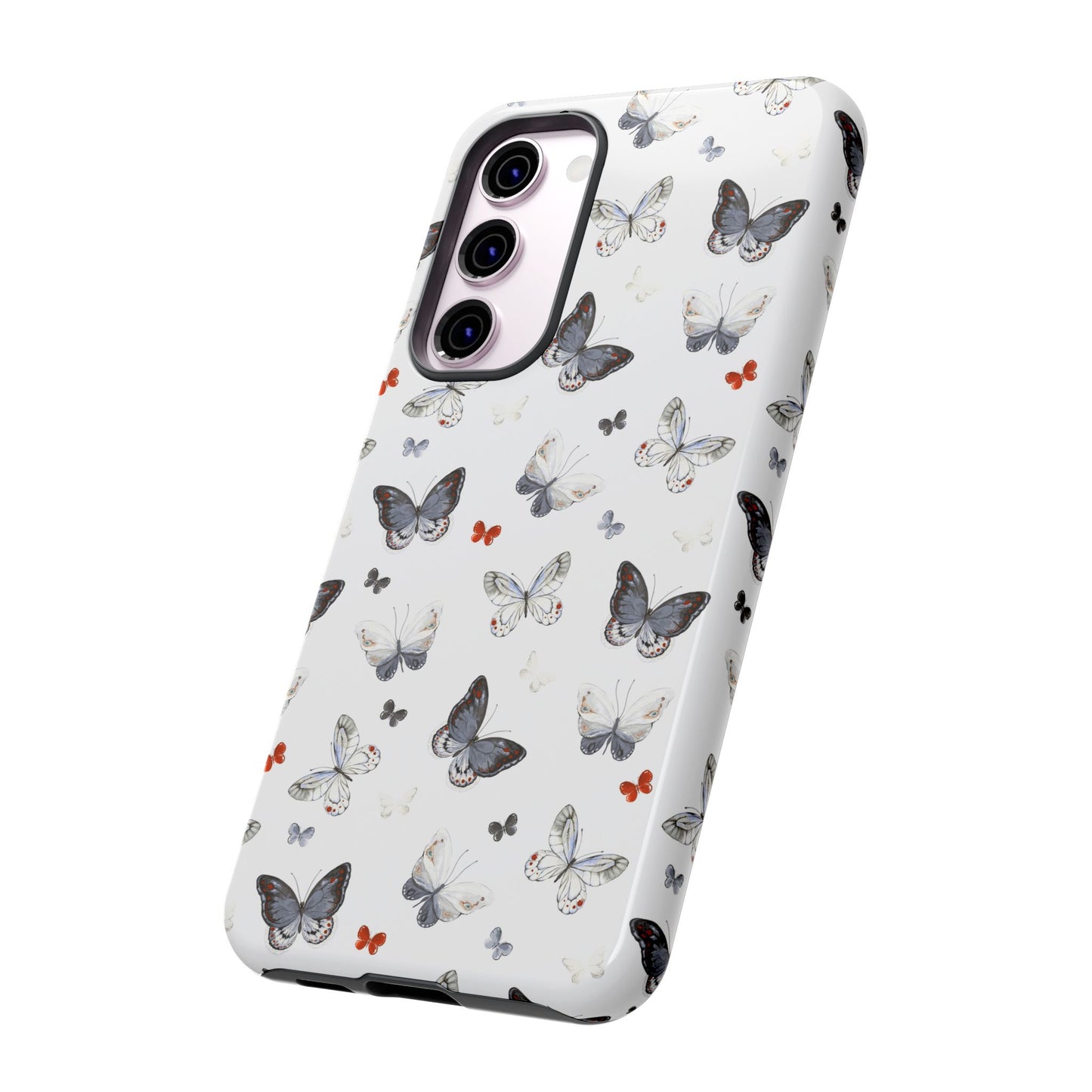 Funda para Samsung con diseño de mariposas: elegante funda protectora monocromática con detalles en rojo