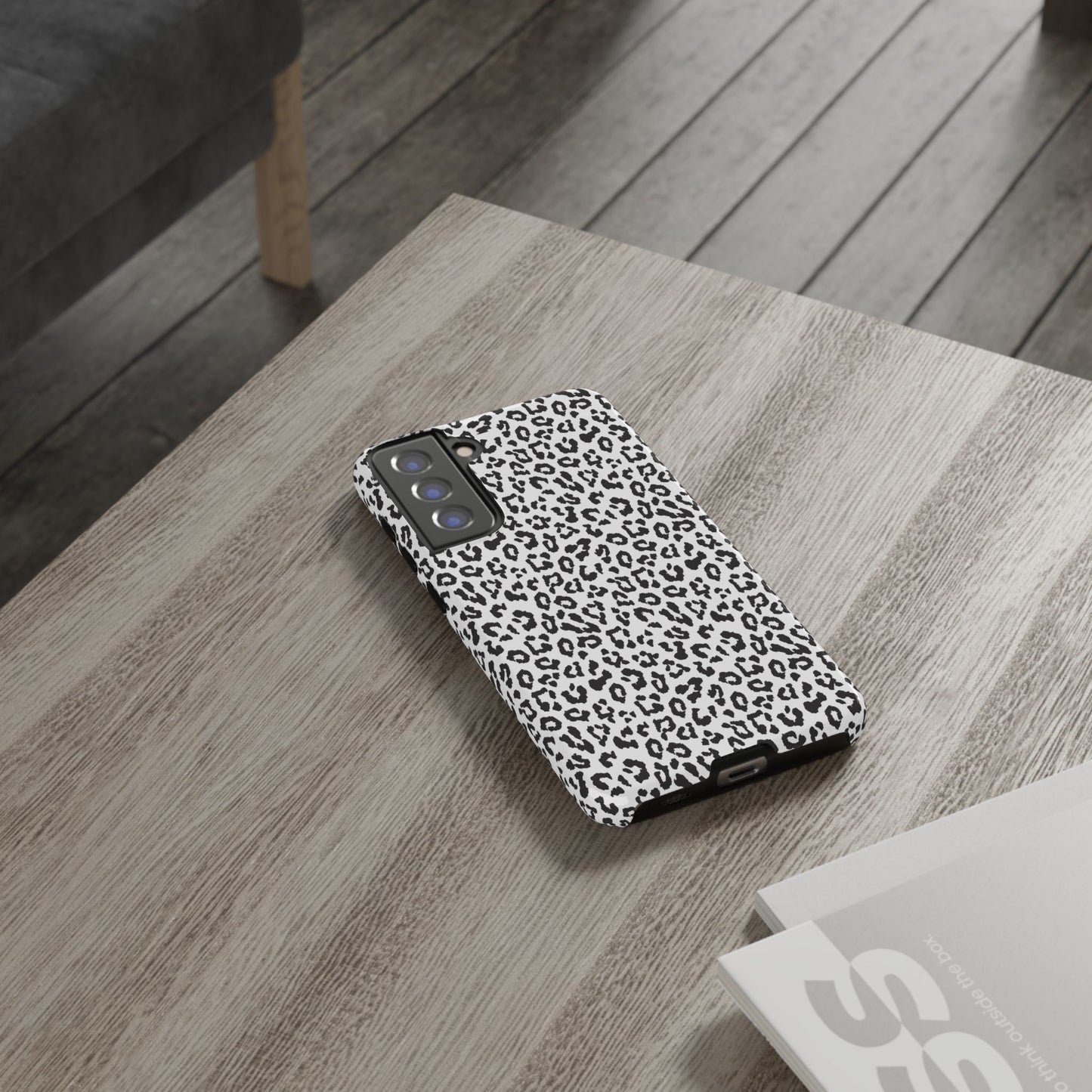 Samsung Leopard Print Tough Phone Case – Black & White Animal Pattern Protective Cover