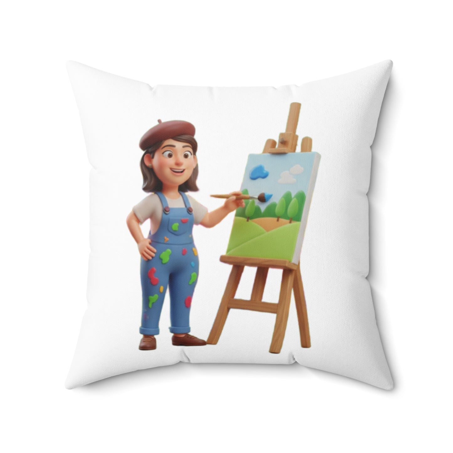 Artist Painting Pillow — Cute Painter Illustration Square Throw Pillow