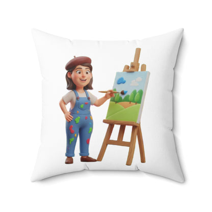 Artist Painting Pillow — Cute Painter Illustration Square Throw Pillow