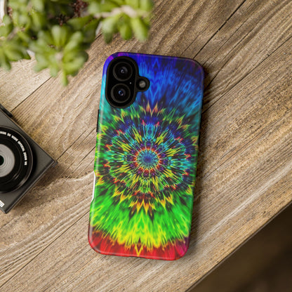 Funda resistente para teléfono con diseño de mandala psicodélico: protección vibrante con efecto tie-dye