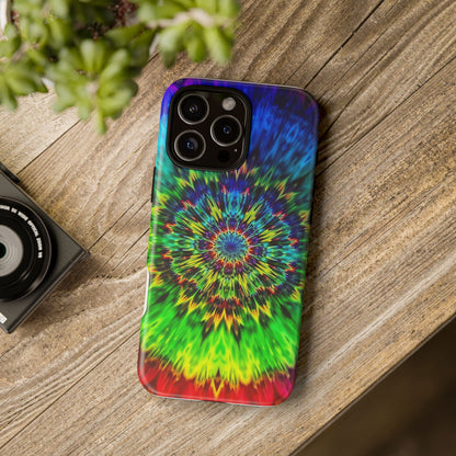 Funda resistente para teléfono con diseño de mandala psicodélico: protección vibrante con efecto tie-dye