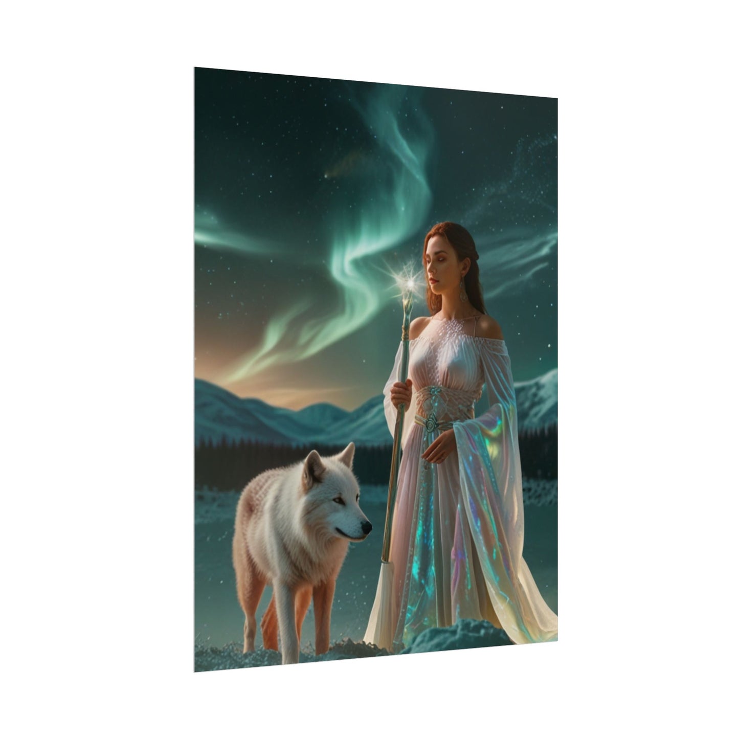 Aurora Guardian Poster – Fantasy-Frau mit weißem Wolf (Wandbild)