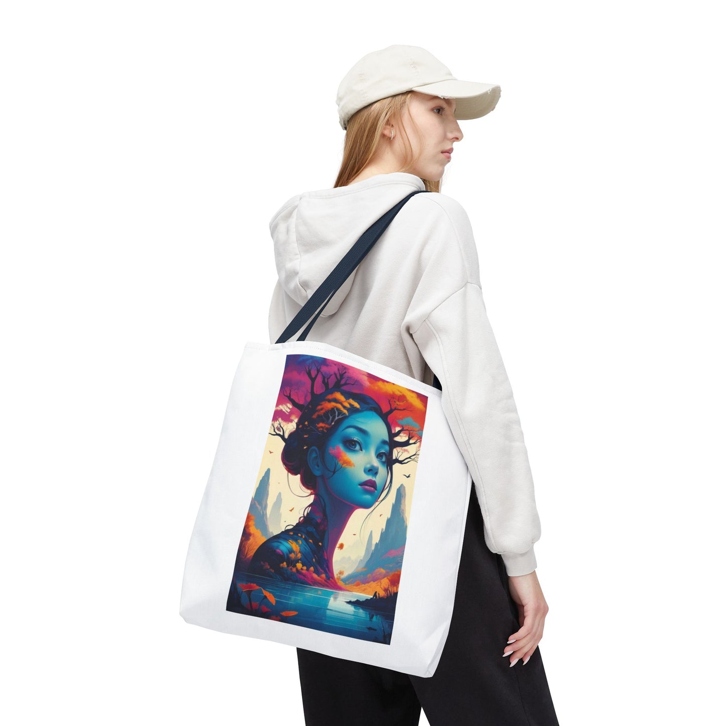 Artistic Blue Forest Maiden Tote Bag - Surreal Portrait All-Over Print
