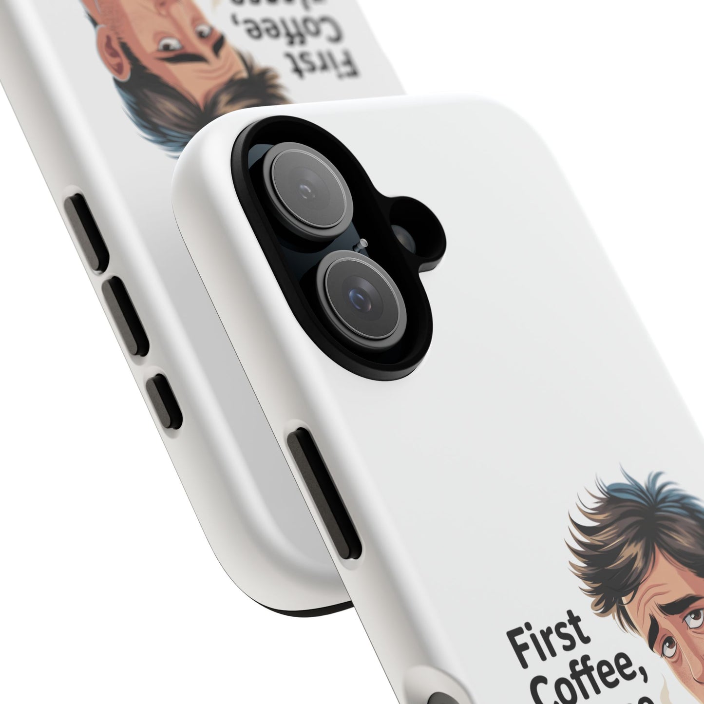 Funda para iPhone: "Primer café, por favor". Ilustración divertida del café de la mañana.