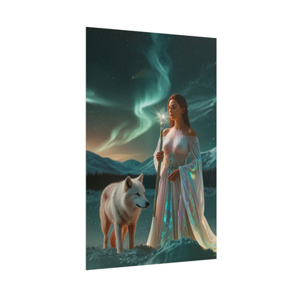 Aurora Guardian Poster – Fantasy-Frau mit weißem Wolf (Wandbild)