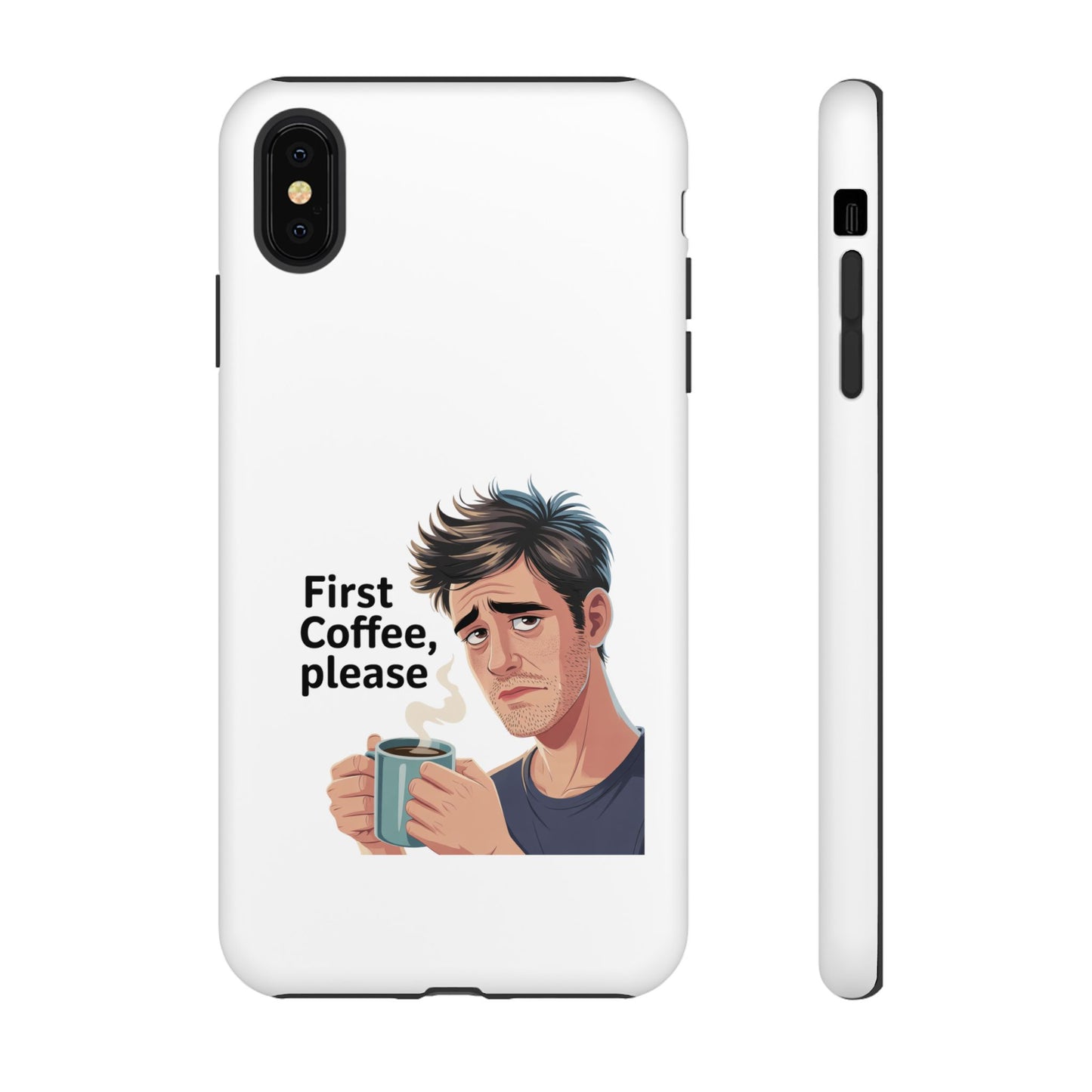 Funda para iPhone: "Primer café, por favor". Ilustración divertida del café de la mañana.