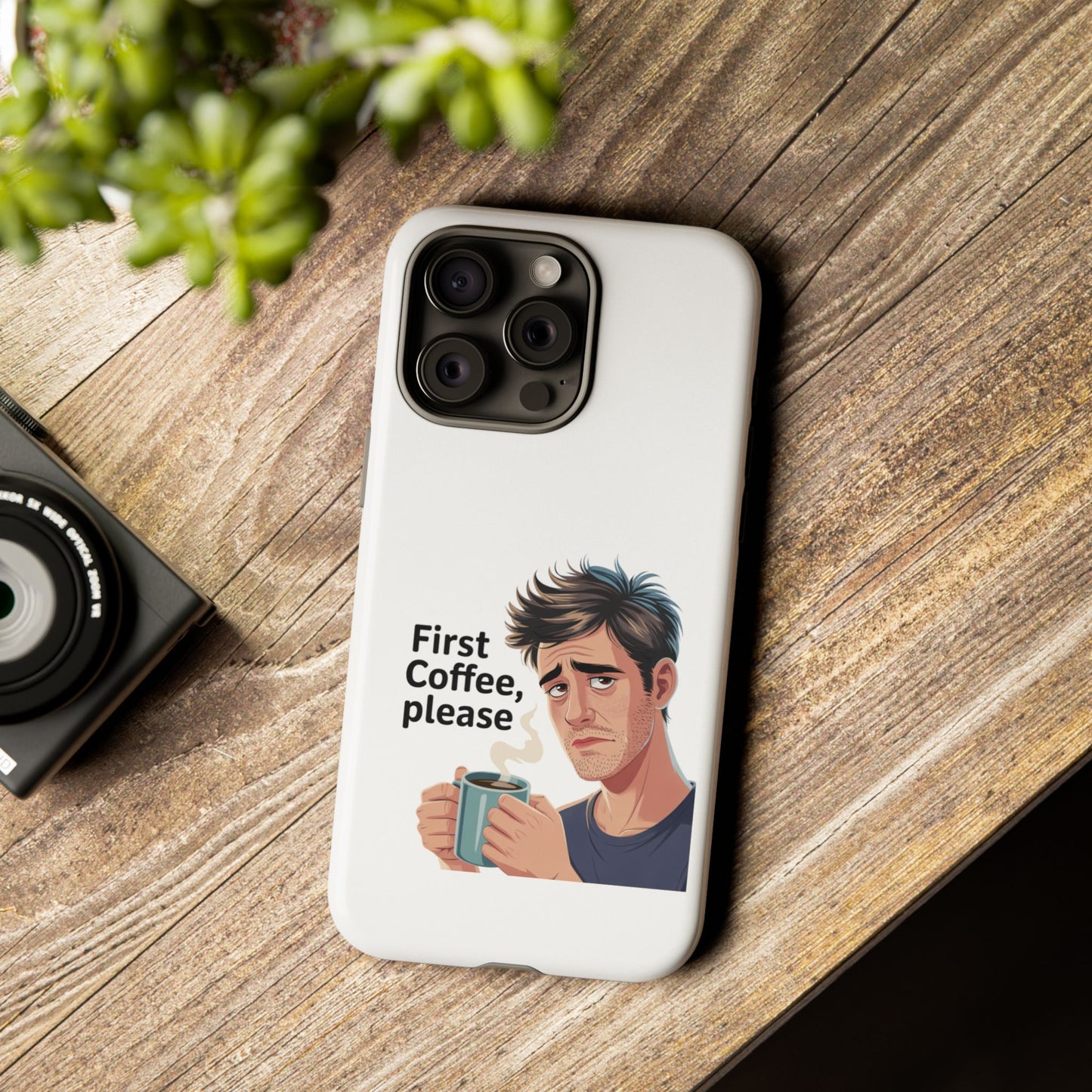 Funda para iPhone: "Primer café, por favor". Ilustración divertida del café de la mañana.