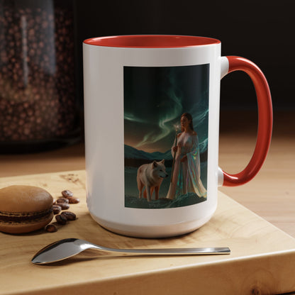 Taza de café Aurora Guardiana — Arte fantástico de mujer con lobo