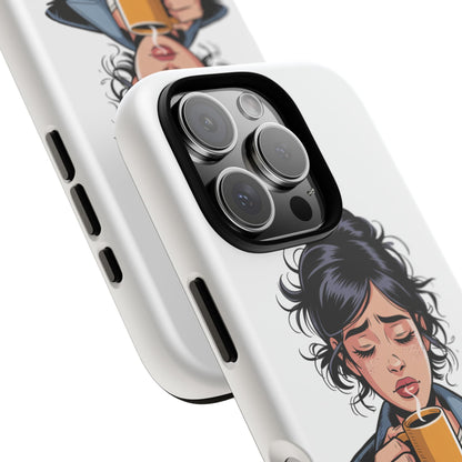 iPhone Phone Case — "First Coffee, Please" Woman Holding Mug, Funny Morning Coffee Gift