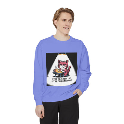 Lustiges Katzen-Sweatshirt – „Wenn dir dein Leben lieb ist, lass mich meinen Kaffee austrinken“ – Kuscheliger Pullover mit Grafikprint