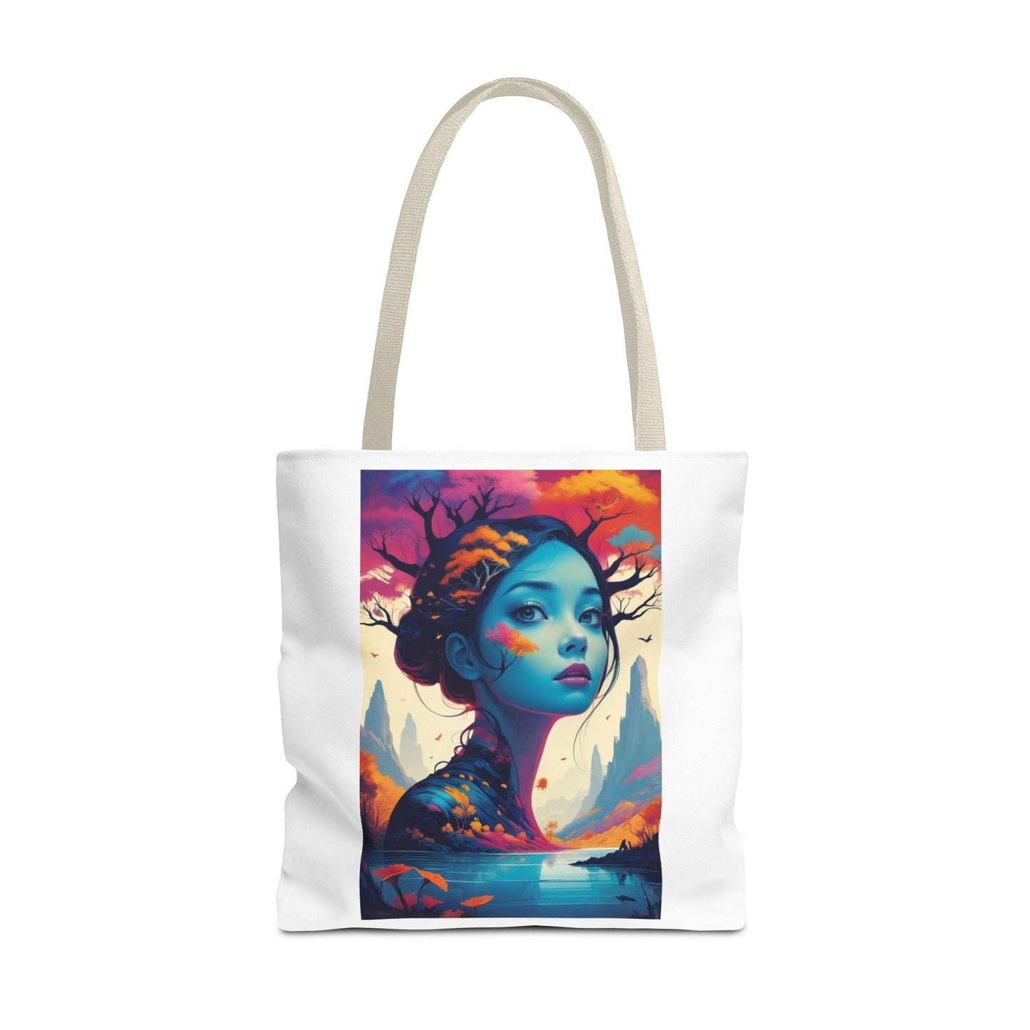 Artistic Blue Forest Maiden Tote Bag - Surreal Portrait All-Over Print