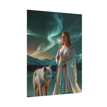 Aurora Guardian Poster – Fantasy-Frau mit weißem Wolf (Wandbild)