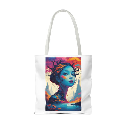 Artistic Blue Forest Maiden Tote Bag - Surreal Portrait All-Over Print