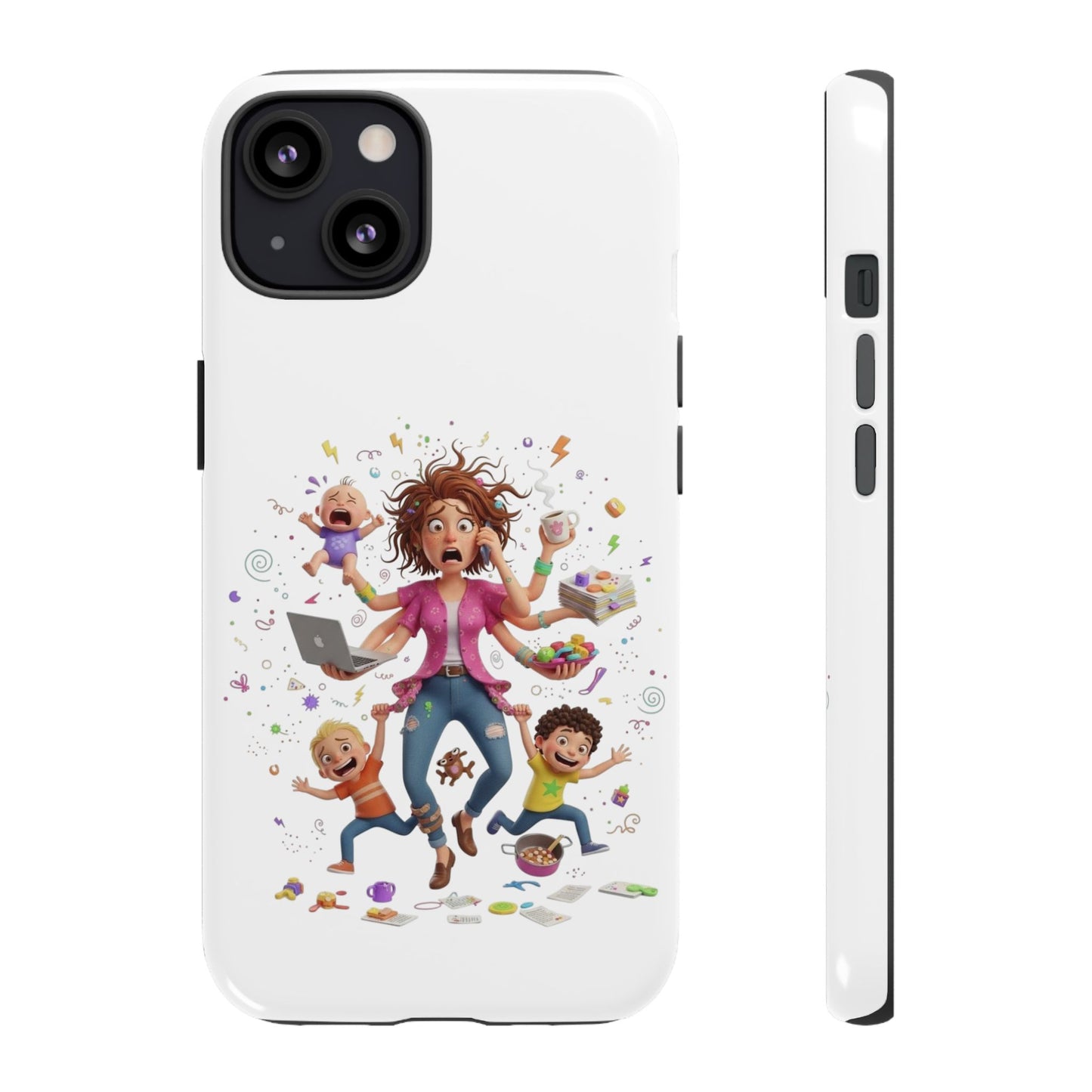 iPhone Phone Case — Hectic Mom Cartoon Design (Multitasking Mother, Kids & Chaos)