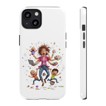 iPhone Phone Case — Hectic Mom Cartoon Design (Multitasking Mother, Kids & Chaos)